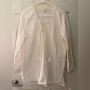 Billabong Lace Up Cotton Gauze Cover Up Shirt, Cream Stripe, L